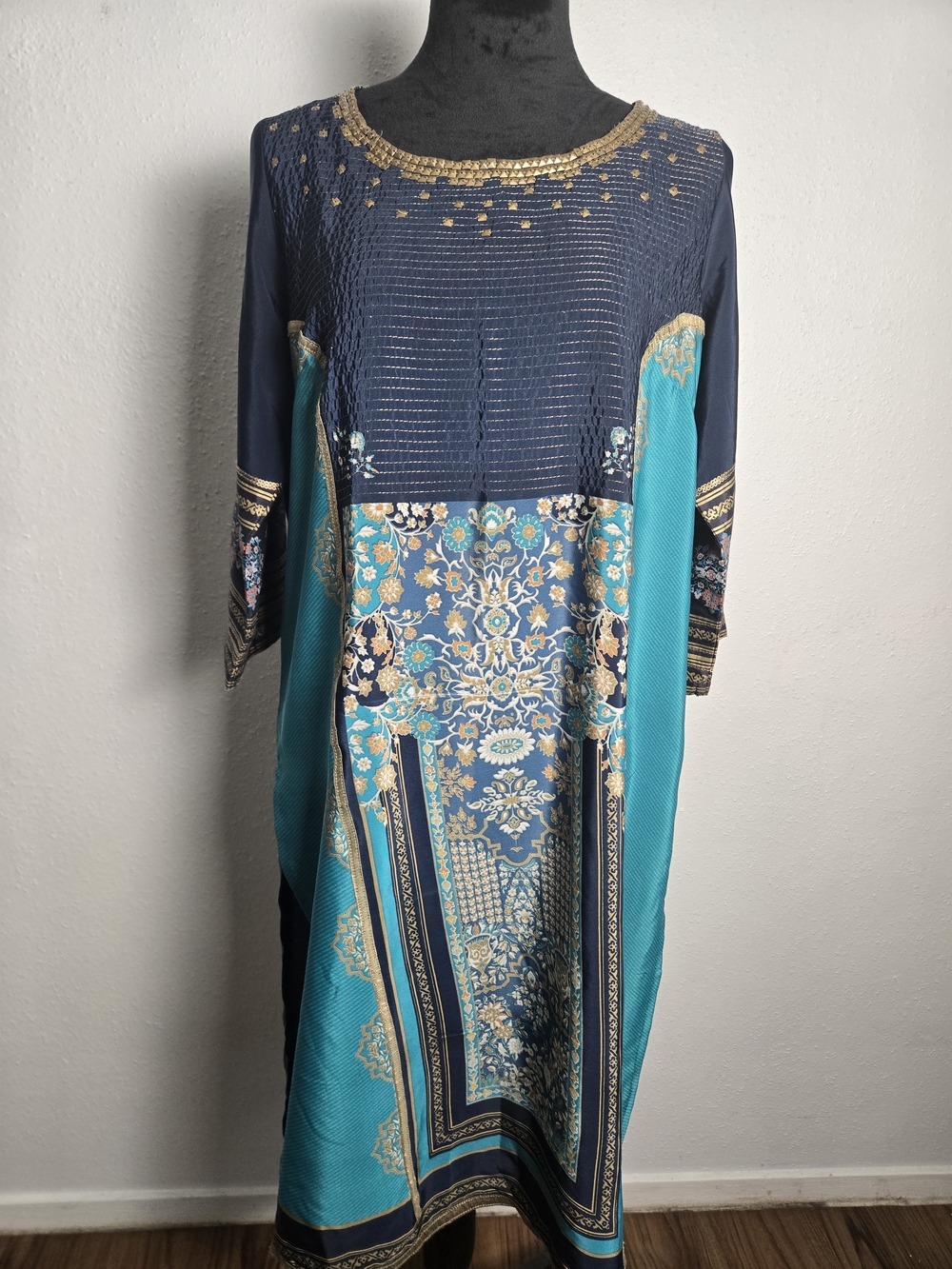 Elegant Boho Tunic Dress – Blue, Teal & Gold | Approx. Women's Large